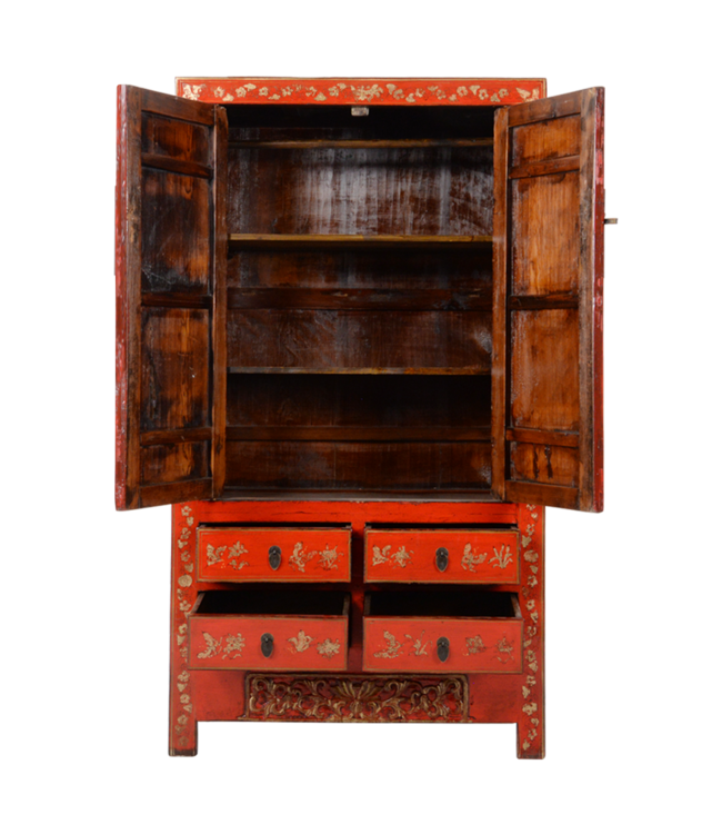 Armoire de Mariage Chinoise Ancienne Bleu Or Laquée Peinte à la Main L105xP50xH188cm