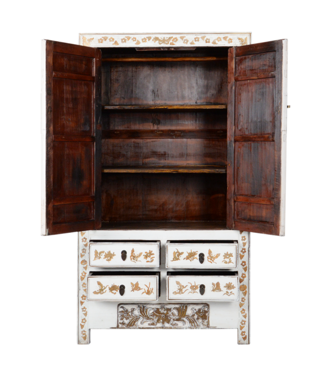 Armadio Da Matrimonio Antico Cinese in Oro Bianco Dipinto a Mano Circa L105xP50xH188cm