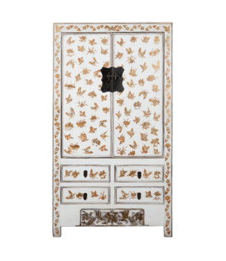 Fine Asianliving Armoire de Mariage Chinoise Ancienne Blanc Or Laquée Peinte à la Main L105xP50xH188cm