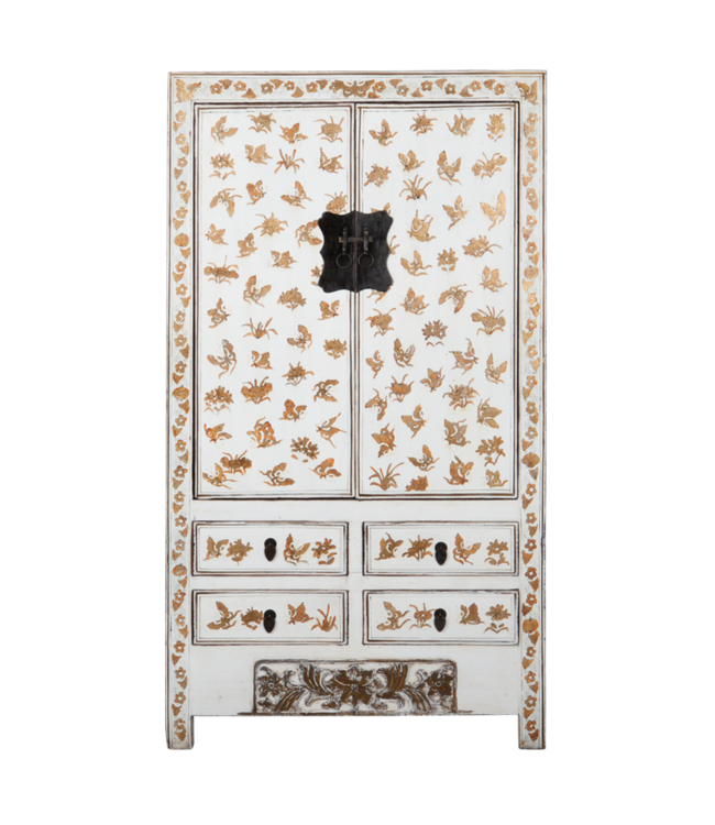 Armoire de Mariage Chinoise Ancienne Blanc Or Laquée Peinte à la Main L105xP50xH188cm