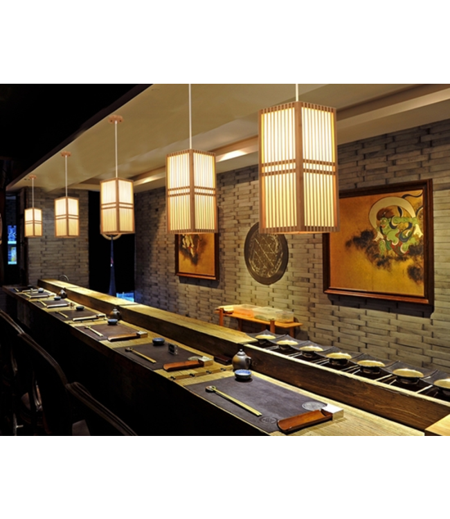 Lampada a Sospensione Giapponese di Legno e Carta Shoji Naturale - Kobe L17xP17xA37cm