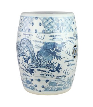 Fine Asianliving Keramik Hocker Blau Weiß Handbemalter Drache D33xH45cm