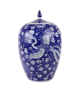 Fine Asianliving Chinesische Vase mit Deckel Porzellan Blau Handbemalter Drache Phönix D22xH35cm