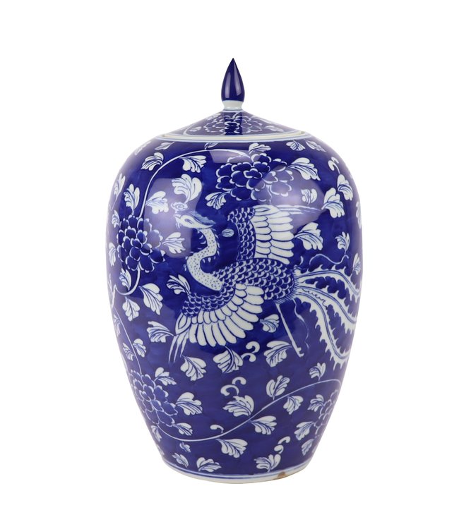 Tarro de Jengibre Chino Templo Porcelana Dragón Fénix Azul Blanca Pintado a Mano D22xAlto35cm