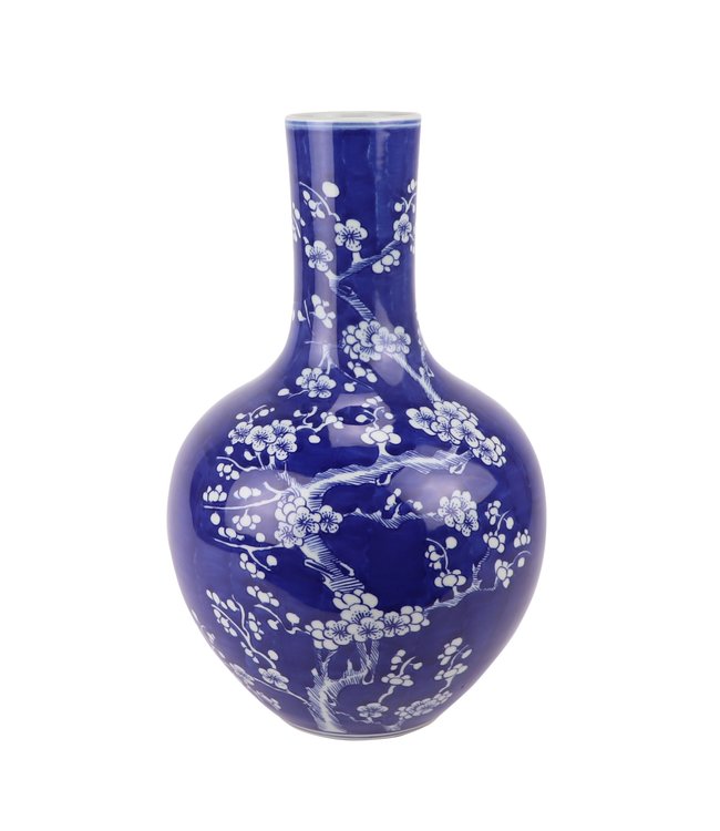 Vase Chinois En Porcelaine Bleue Peint À La Main Fleurs D22xH36cm