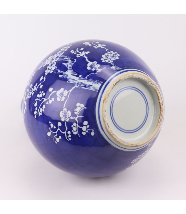Vase Chinois En Porcelaine Bleue Peint À La Main Fleurs D22xH36cm