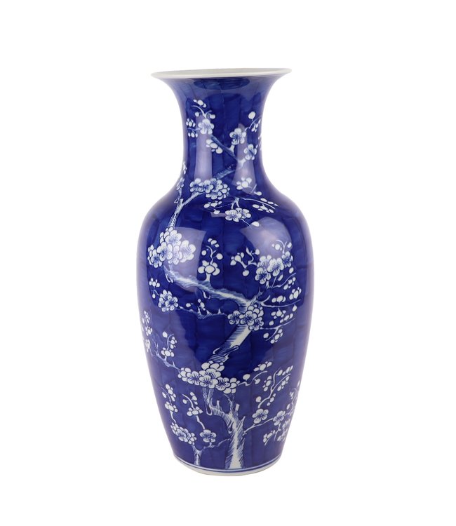 Vase Chinois En Porcelaine Bleu Peint À La Main Fleurs D20xH44cm