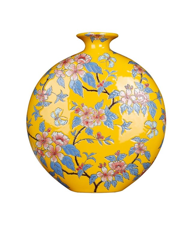 Vase Chinois Porcelaine Jaune Fleurs Peint à la Main L32xP12xH34cm