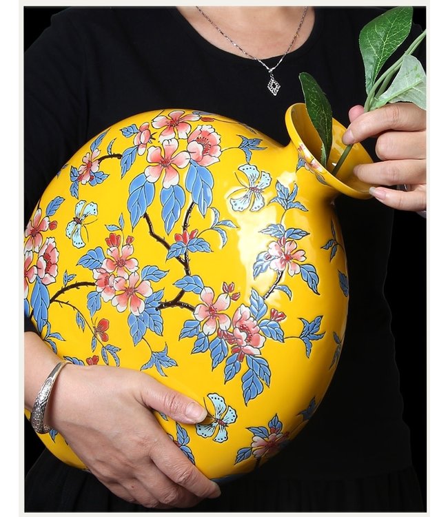 Chinese Vaas Porselein Geel Bloemen Handgeschilderd B32xD12xH34cm