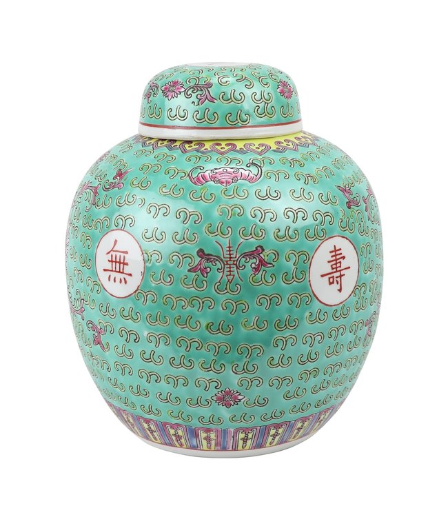 Chinese Ginger Jar Green Handpainted Longevity D21xH25cm