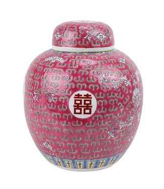 Fine Asianliving Chinesische Vase mit Deckel Rot Porzellan Handbemalt Doppeltes Glück D21xH25cm