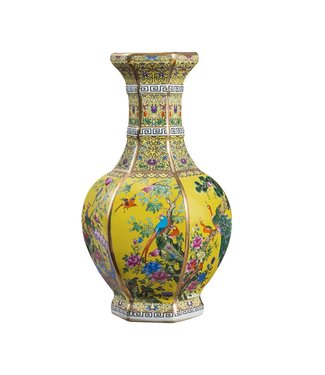 Fine Asianliving Chinesische Vase Porzellan Blumen Vögel Gelb D19xH32cm