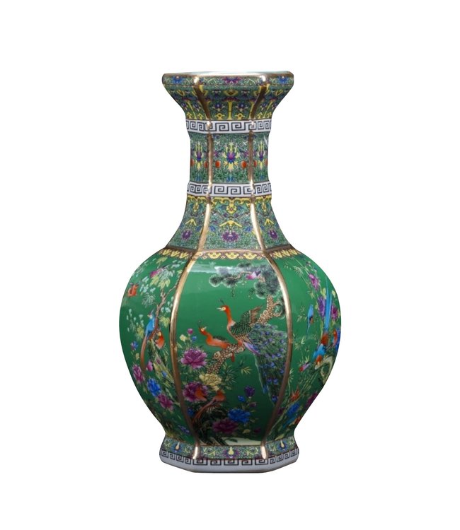 Vase Chinois Porcelaine Fleurs Oiseaux Vert D19xH32cm
