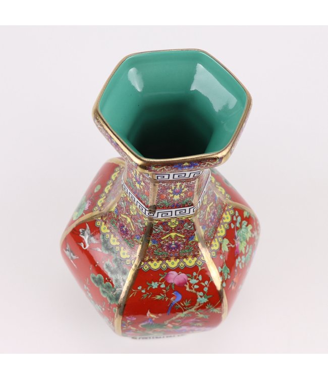 Chinese Vase Flowers Birds Red D19xH32cm