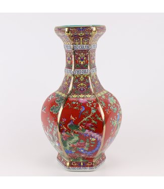 Fine Asianliving Chinesische Vase Porzellan Blumen Vögel Rot D19xH32cm