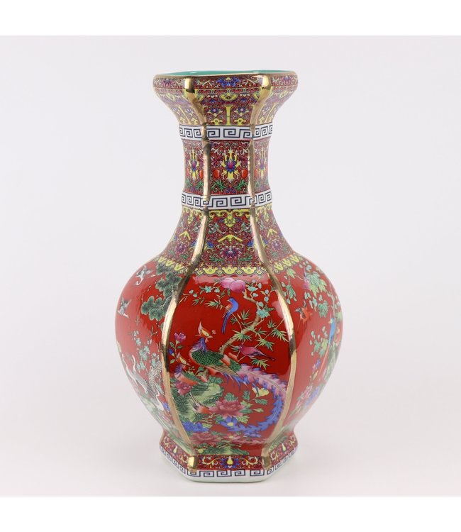 Vase Chinois Porcelaine Fleurs Oiseaux Rouge D19xH32cm