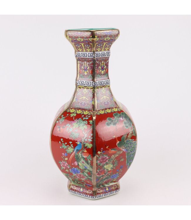 Vaso Cinese Fiori Uccelli Rosso D19xH32cm