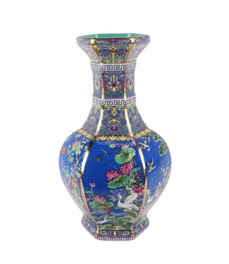 Fine Asianliving Vase Chinois Porcelaine Fleurs Oiseaux Bleu D19xH32cm