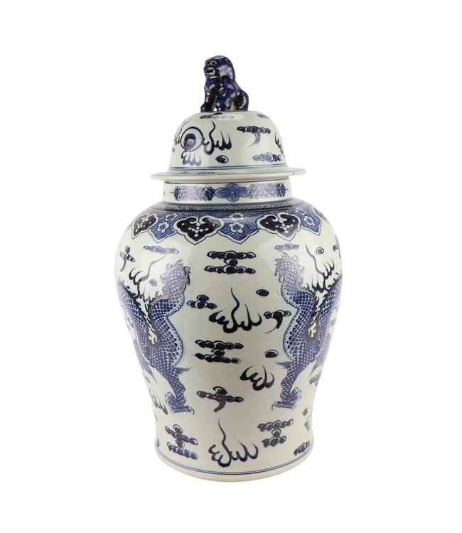 Tarro de Jengibre Chino Templo Porcelana Dragón Pintado a Mano Azul Blanca D34xAlto65cm