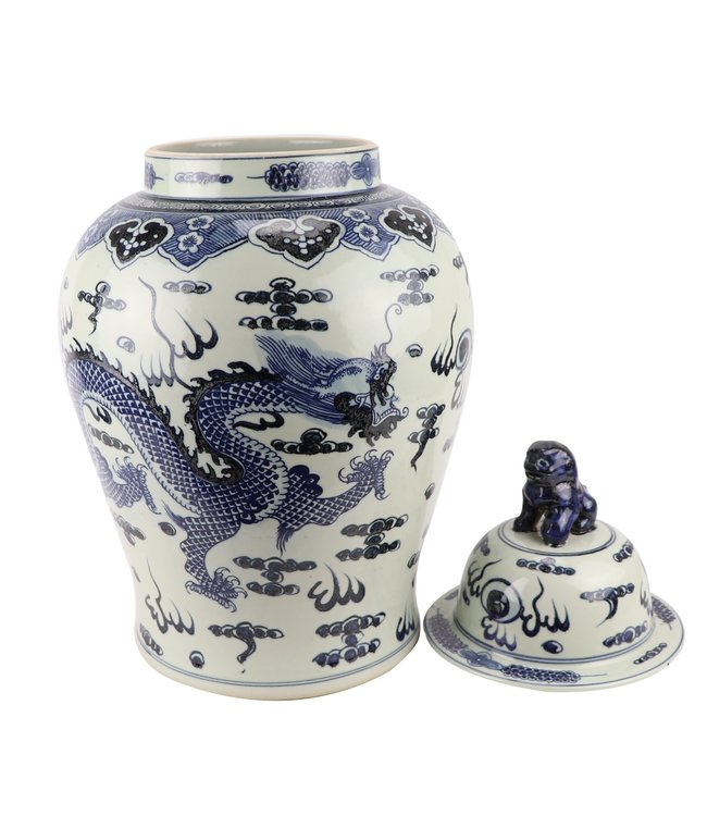 Chinesische Vase mit Deckel Porzellan Blau Drache Handbemalt D34xH65cm
