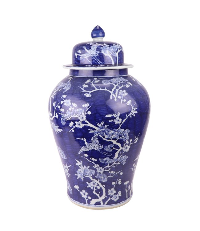Tarro de Jengibre Chino Templo Porcelana Flores Azul Blanca Pintado a Mano D34xAlto60cm