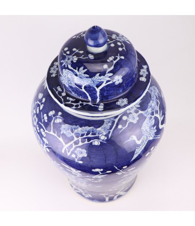 Tarro de Jengibre Chino Templo Porcelana Flores Azul Blanca Pintado a Mano D34xAlto60cm