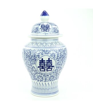 Fine Asianliving Chinesische Deckelvase Blau Weiß Porzellan Handbemalt Doppeltes Glück D22xH40cm