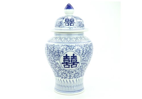 Fine Asianliving Tarro de Jengibre Chino Templo Porcelana Doble Felicidad Azul Blanca D22xAlto40cm