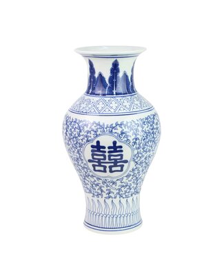 Fine Asianliving Chinese Vaas Porselein Blauw Wit Double Happiness D20xH32cm