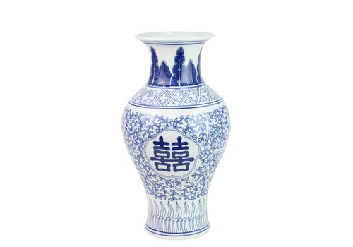 Fine Asianliving Chinesische Vase Porzellan Blau Weiß Doppeltes Glück D20xH32cm