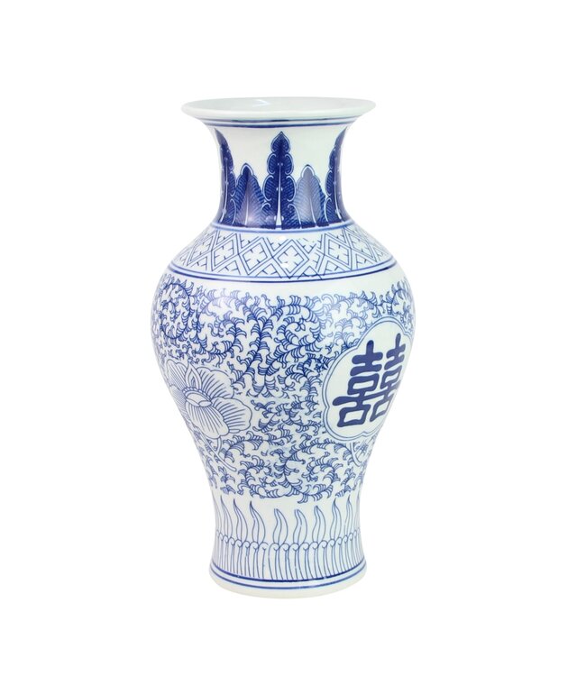 Vaso Cinese Porcellana Blu Bianco Double Happiness D20xH32cm