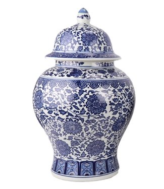 Fine Asianliving Chinesisches Deckelvase Porzellan Lotus Blau Weiß D27xH42cm