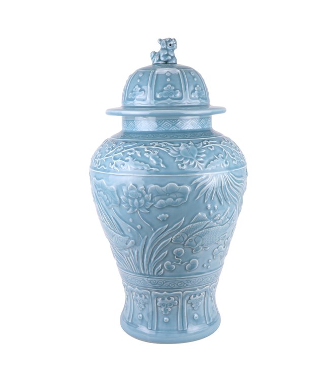 Chinese Ginger Jar Blue Koi Fishes Handmade D28xH56cm