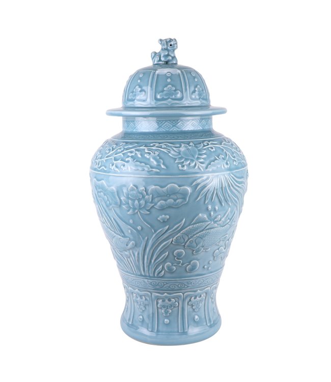 Pot à Gingembre Chinois Porcelaine Bleu Koi Poissons Fait Main D28xH56cm