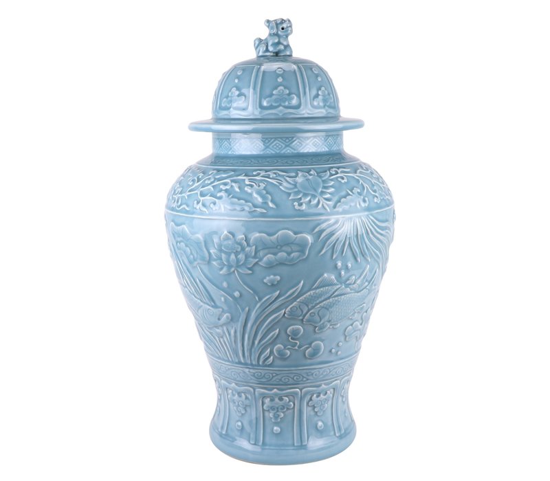 Pot à Gingembre Chinois Porcelaine Bleu Koi Poissons Fait Main D28xH56cm