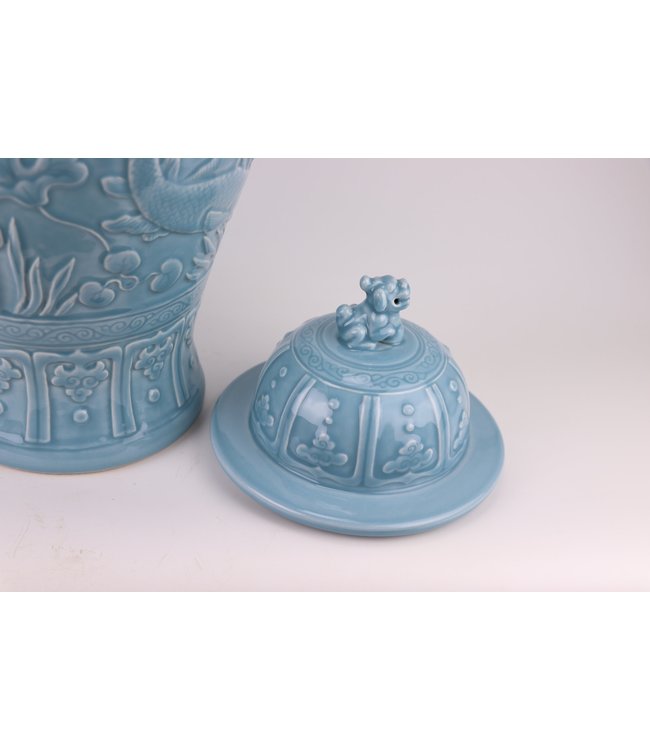 Chinesisches Deckelvase Porzellan Blaue Koi-Fische Handgefertigt D28xH56cm