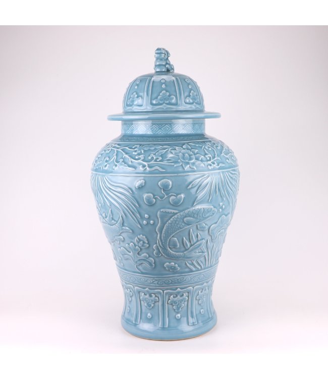 Chinese Gemberpot Blauw Koi vissen Handgemaakt D28xH56cm