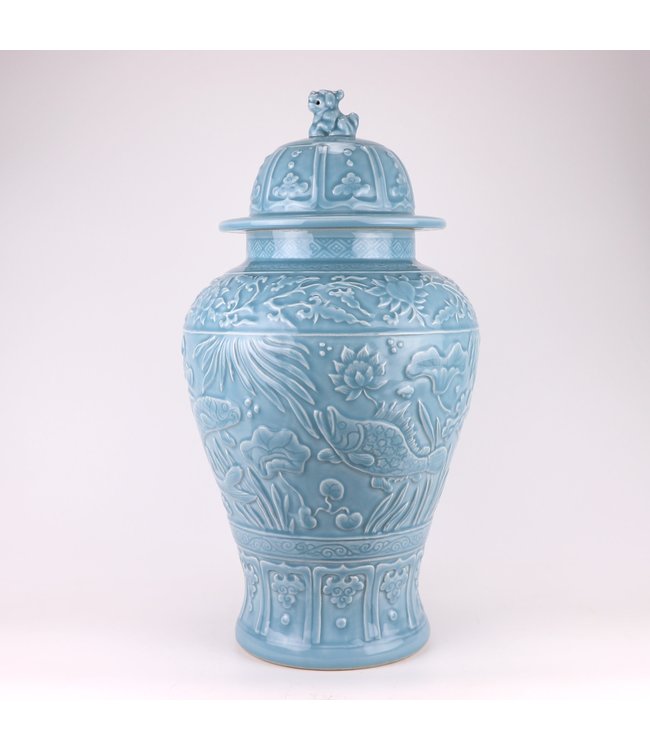 Chinese Gemberpot Blauw Koi vissen Handgemaakt D28xH56cm
