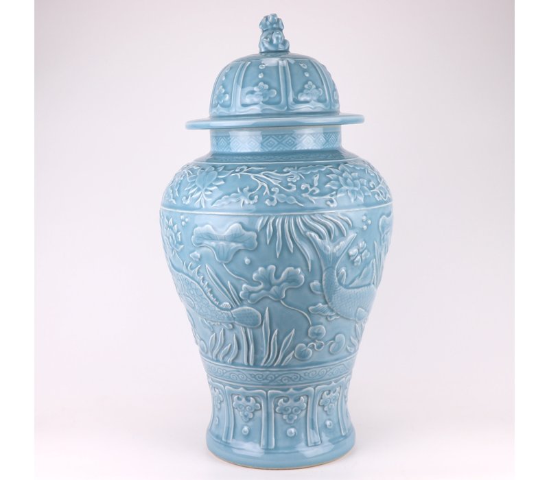 Ginger Jar Cinese Pesci di Koi blu Fatti a Mano D28xH56cm
