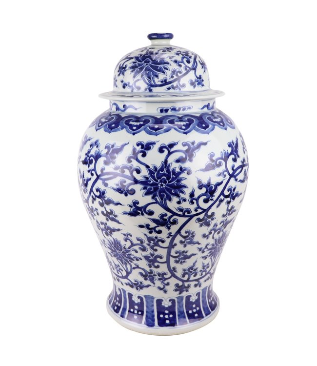 Chinese Gemberpot Porselein Handgeschilderd Lotus Blauw Wit D32xH53cm