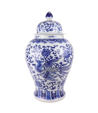 Fine Asianliving Tarro de Jengibre Chino Templo Porcelana Fénix Azul Blanca D32xAlto60cm