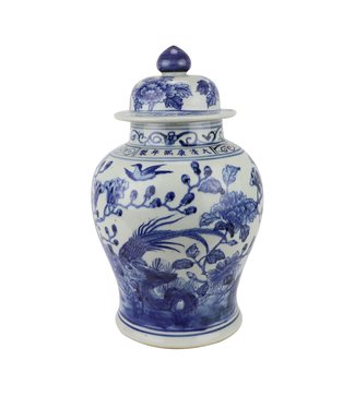 Fine Asianliving Chinesische Vase mit Deckel Porzellan handbemalt Vögel Blau Weiß D23xH39cm