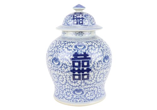 Fine Asianliving Tarro de Jengibre Chino Templo Porcelana Doble Felicidad Azul Blanca D18xAlto24cm