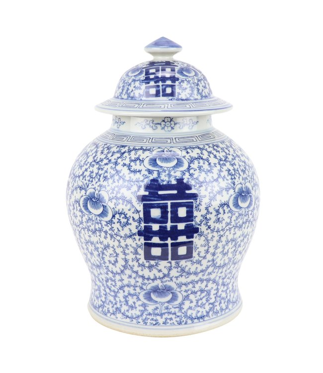Tarro de Jengibre Chino Templo Porcelana Doble Felicidad Azul Blanca D18xAlto24cm