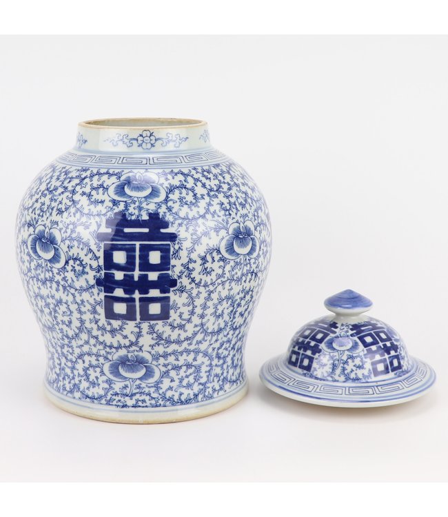 Chinese Gemberpot Blauw Wit Double Happiness D18xH24cm