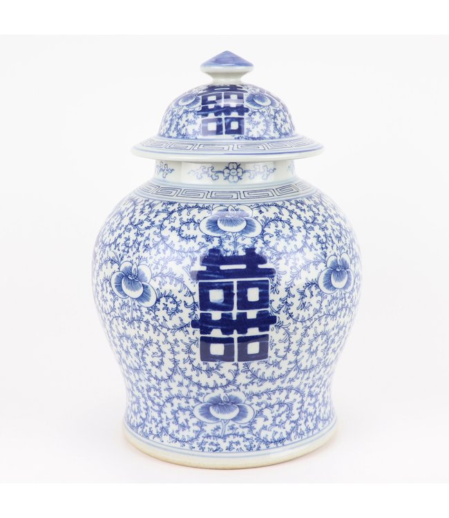 Pot à Gingembre Chinois Bleu Blanc Porcelaine Double Bonheur D18xH24cm