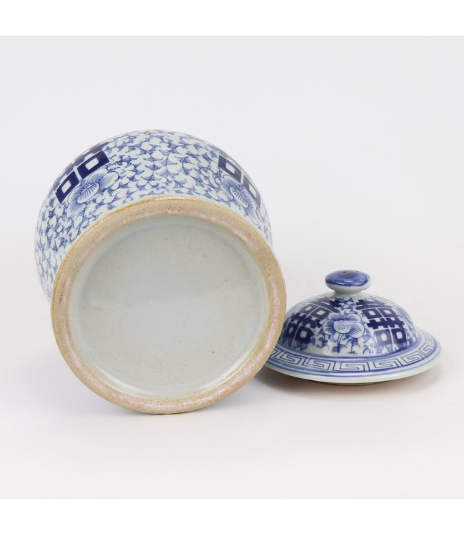 Tarro de Jengibre Chino Templo Porcelana Doble Felicidad Azul Blanca D23xAlto32cm