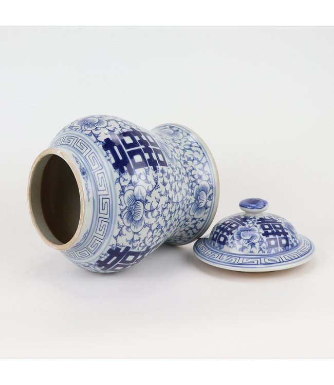 Tarro de Jengibre Chino Templo Porcelana Doble Felicidad Azul Blanca D23xAlto32cm