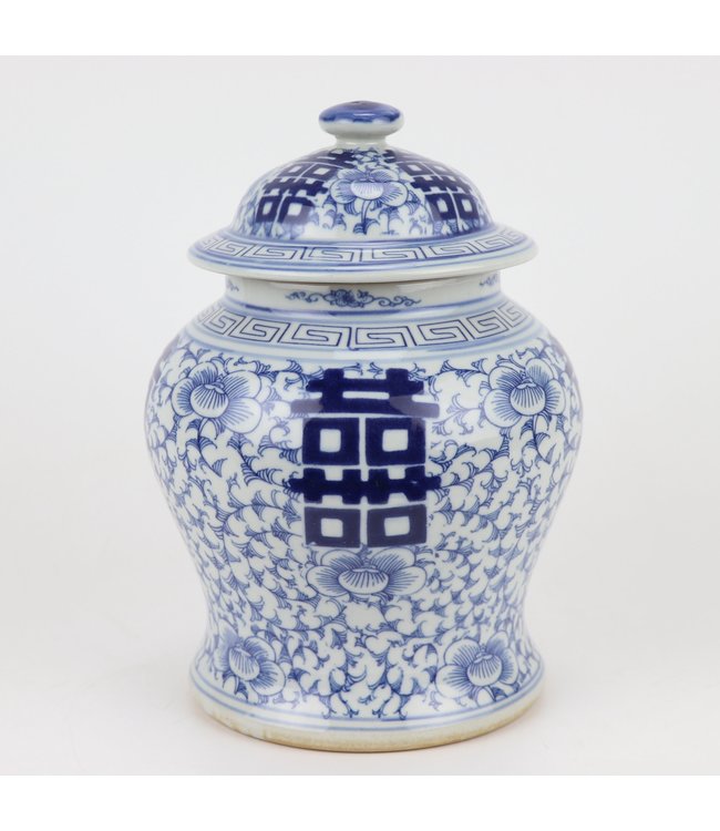 Tarro de Jengibre Chino Templo Porcelana Doble Felicidad Azul Blanca D23xAlto32cm
