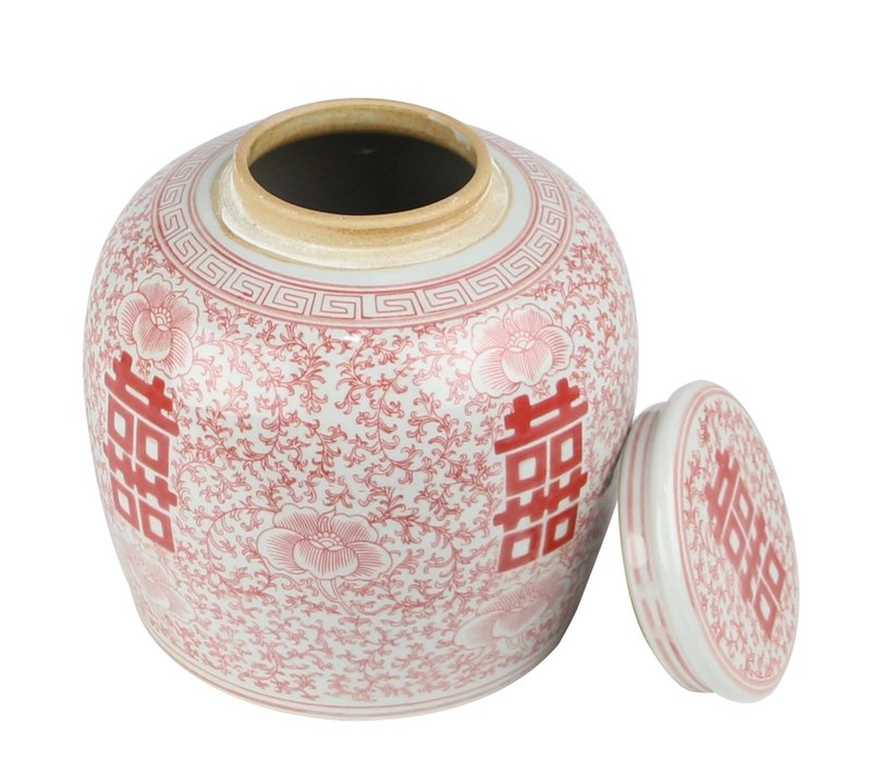 Pot à Gingembre Chinois Rouge Blanc Porcelaine Double Bonheur D23xH23cm